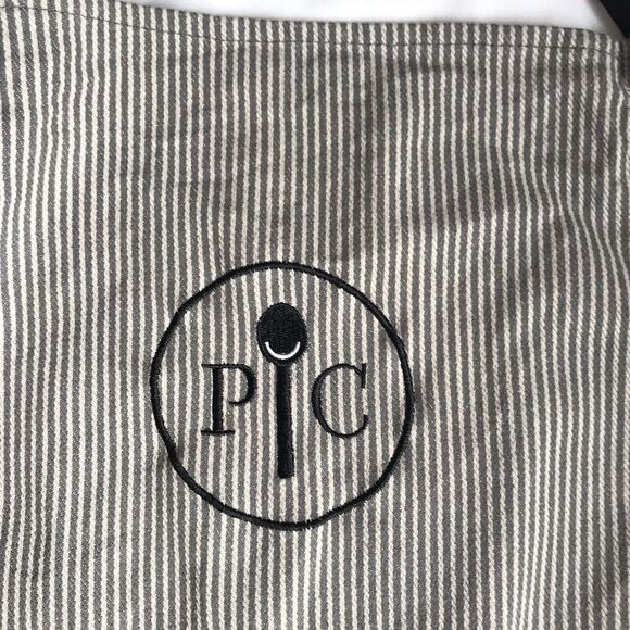 PAMPERED CHEF Consultant Apron Gray Striped Embroidered PC Spoon Cotton EUC - Picture 2 of 7